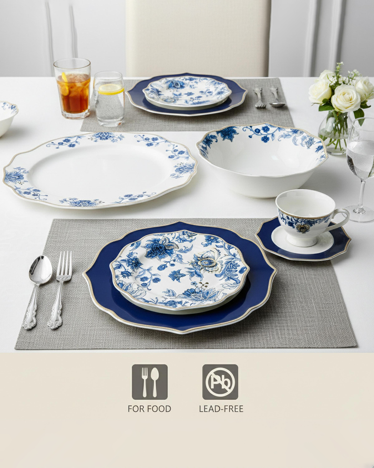 Shallow ROSY Dinner Set 32 pcs White with Blue Floral Pattern