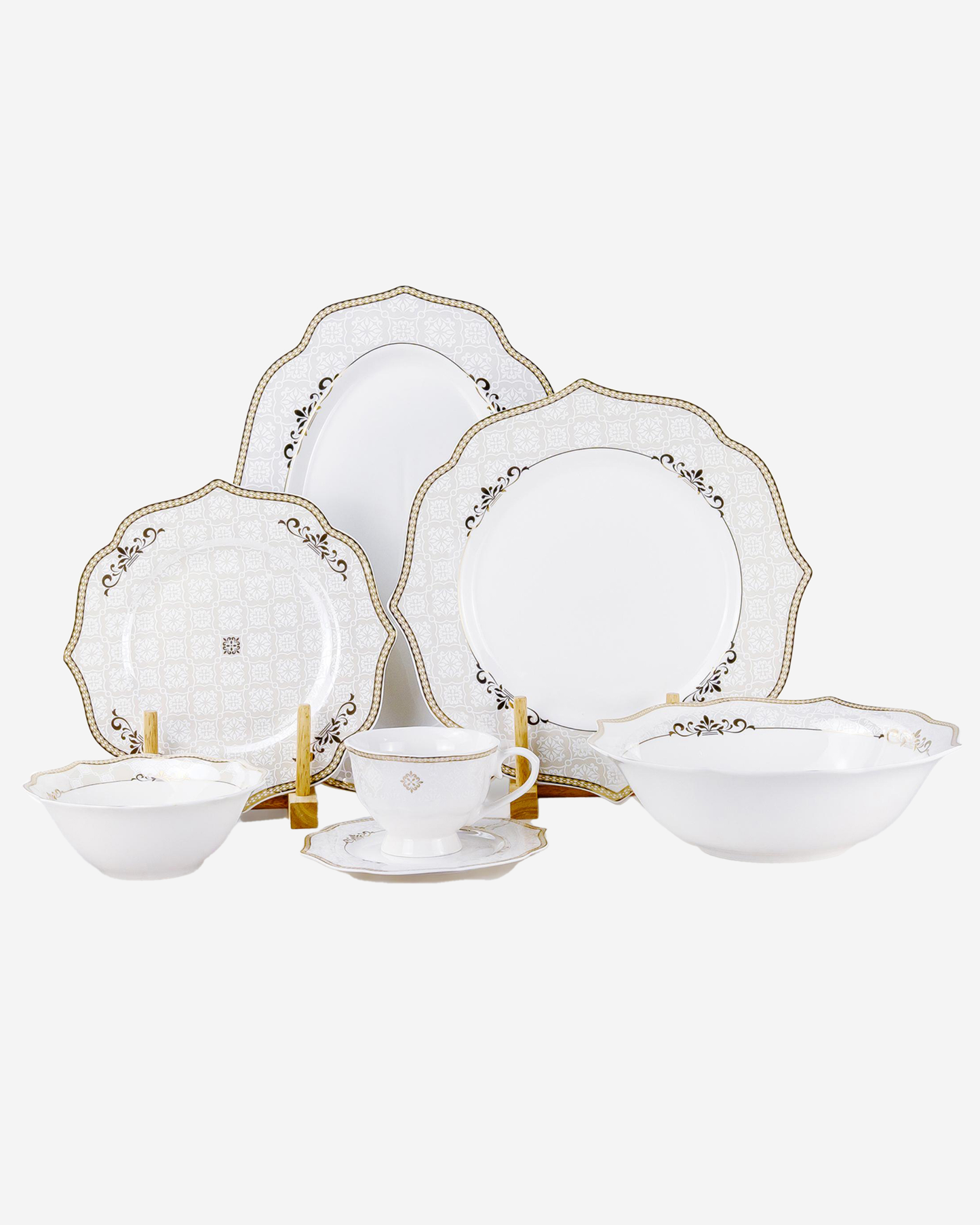 Shallow ZENA Dinner Set 32 pcs White with Gold Border