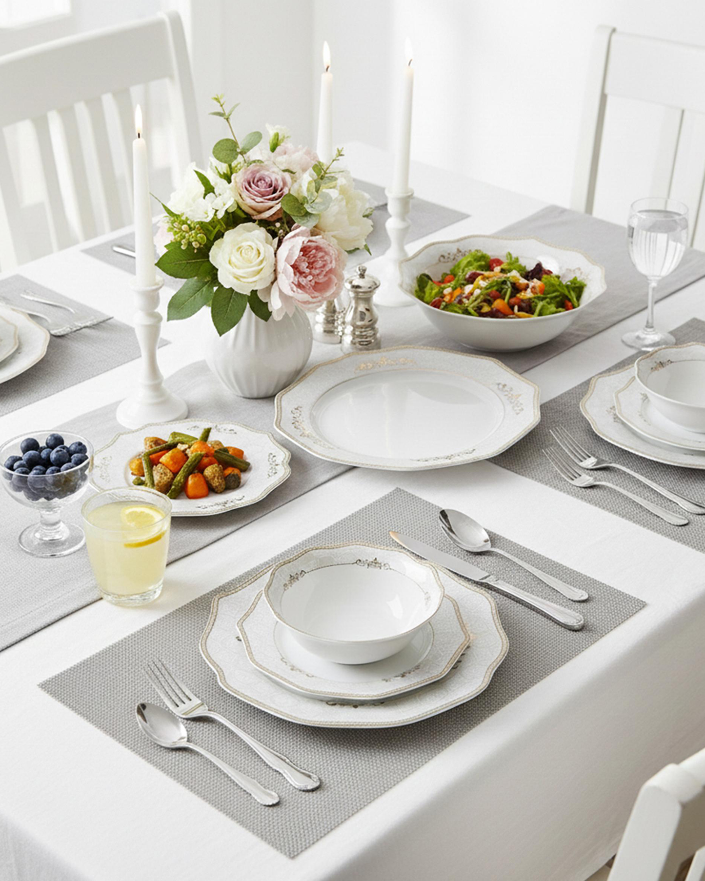 Shallow ZENA Dinner Set 32 pcs White with Gold Border
