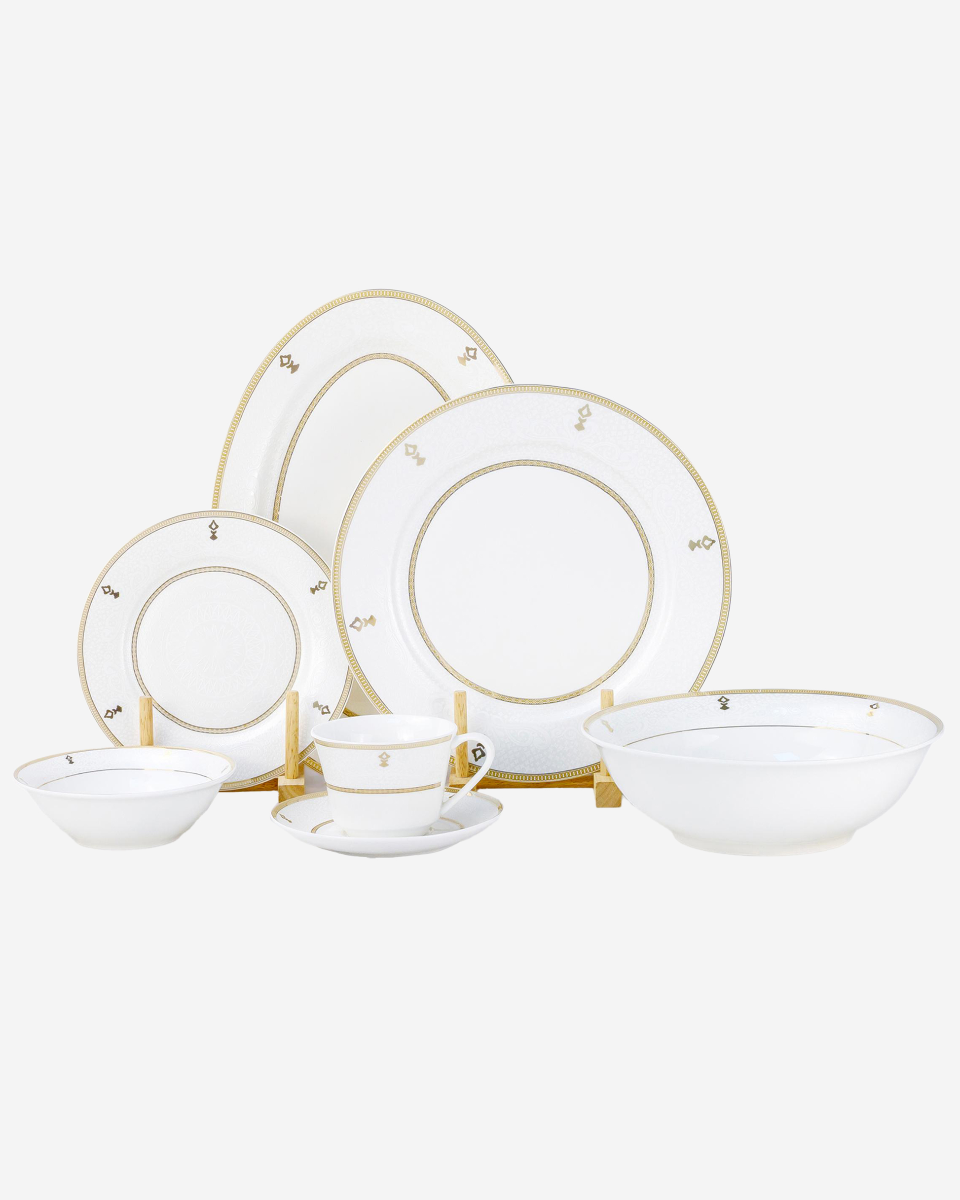 Shallow ZAYA Dinner Set 32 pcs White Ornamental Design with Gold Rim
