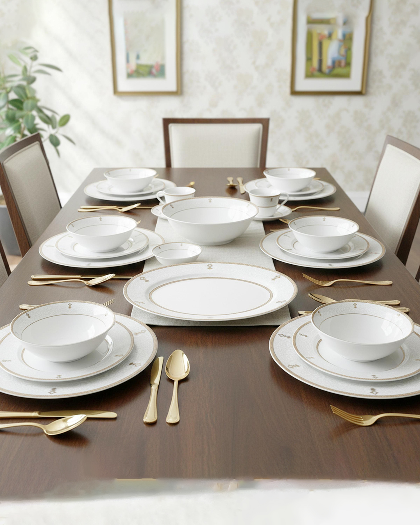 Shallow ZAYA Dinner Set 32 pcs White Ornamental Design with Gold Rim