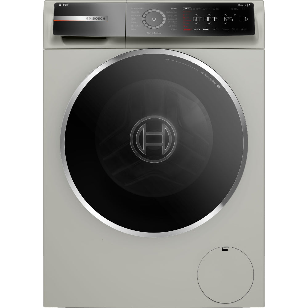 Bosch Series 8 Free-Standing Washing Machine, Frontloader Fullsize, 9 kg, 1400 rpm, Home Connect: Remote Monitoring and Control, TouchControl button, Programmable, Silver Inox, WGB244AXGC