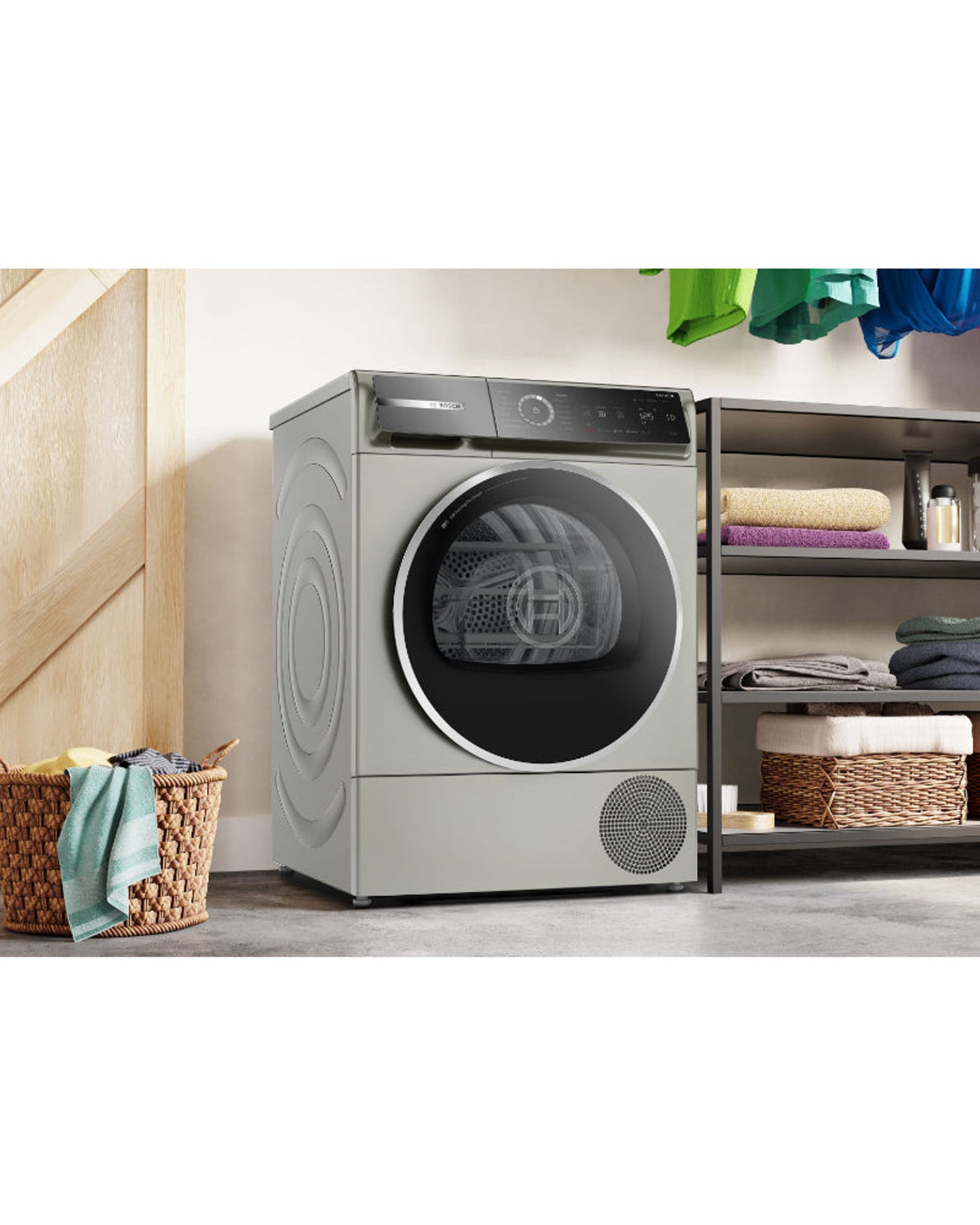 مجفف ملابس بوش سلسلة 8 بمضخة حرارية، سعة 9 كجم، محرك EcoSilence، قرص لمس، فولاذ مقاوم للصدأ فضي WQB245BXGC