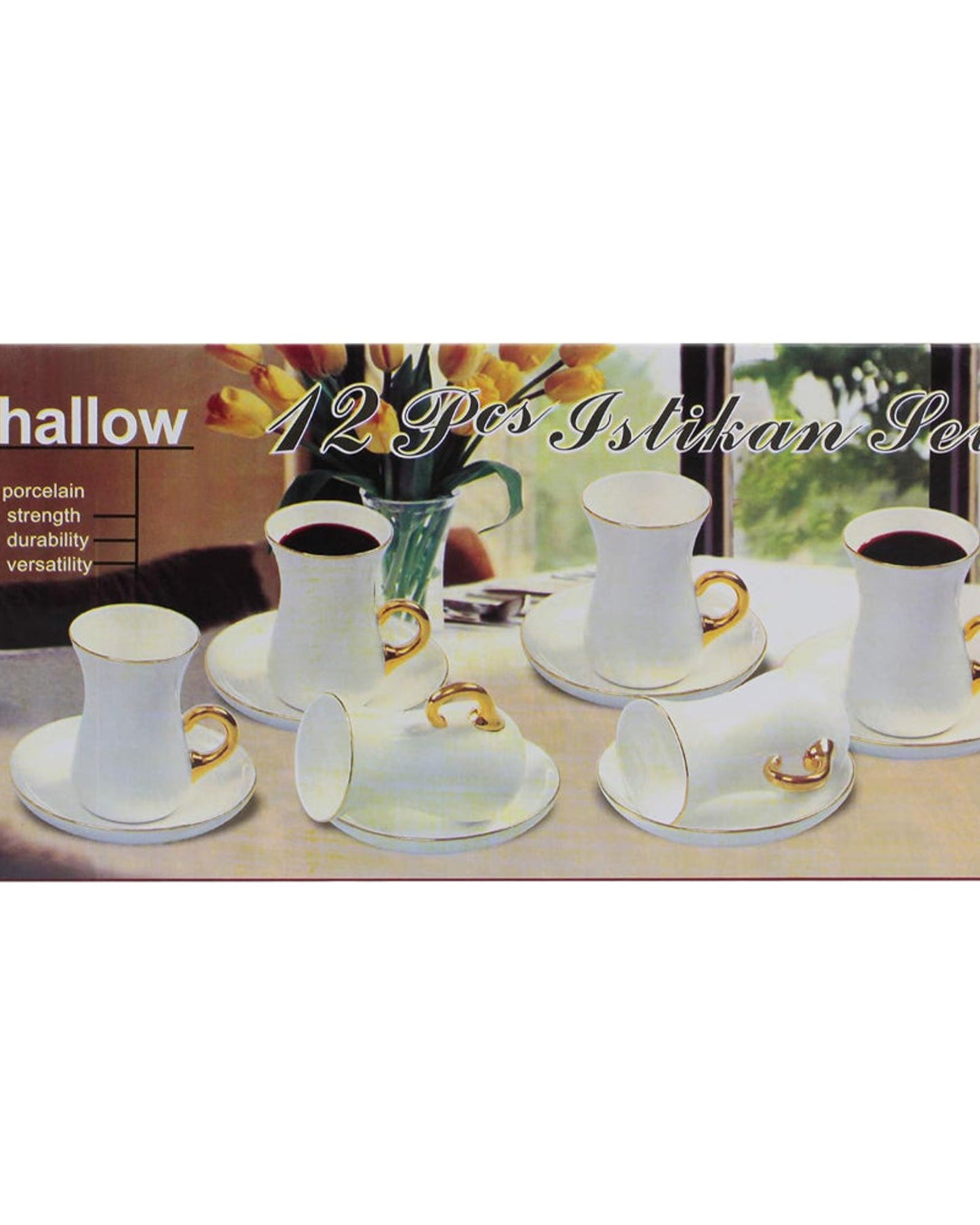 طقم فناجين وصحون من الخزف العظمي الضحل، 12 قطعة، بيج وذهبي، فناجين شاي وقهوة أنيقة للمناسبات الخاصة