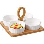 طقم أطباق قارب من البورسلين الضحل، مكون من 4 قطع، بقاعدة ومقبض من الخيزران، أطباق تقديم أنيقة للمقبلات والوجبات الخفيفة والمزيد