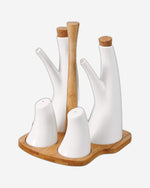 مجموعة توابل من البورسلين الضحلة، مكونة من 4 قطع، بقاعدة من الخيزران، مقاس 19 سم، حاويات أنيقة للتوابل والصلصات للمطبخ أو طاولة الطعام