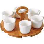 Shallow Tea Set with 6 Porcelain Cups, Bamboo Saucers & Stand, 180ml, Elegant Tea Set for Serving, Tea Parties & More
