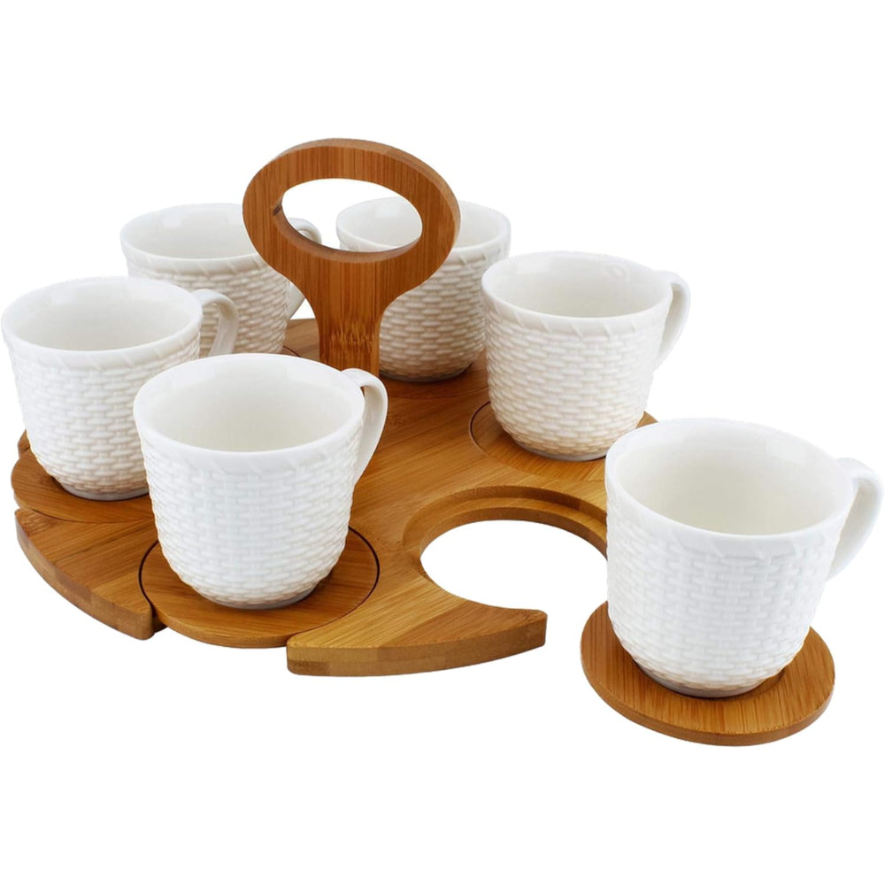 طقم شاي ضحل مع 6 أكواب خزفية وصحون من الخيزران وحامل، سعة 180 مل، طقم شاي أنيق للتقديم وحفلات الشاي والمزيد