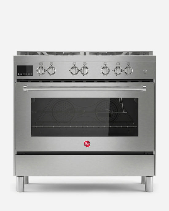 طباخ غاز كامل من هوفر 90×60 مع 5 شعلات غاز (1 ووك)، أمان كامل، فرن غاز وشواية، إشعال ذاتي، دعامة من الحديد الزهر، مروحة تبريد وحمل حراري، باب زجاجي ثلاثي الطبقات، ستانلس ستيل - HGC-G95G-PS