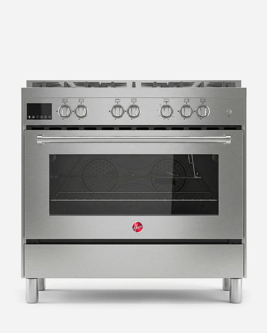 طباخ غاز كامل من هوفر 90×60 مع 5 شعلات غاز (1 ووك)، أمان كامل، فرن غاز وشواية، إشعال ذاتي، دعامة من الحديد الزهر، مروحة تبريد وحمل حراري، باب زجاجي ثلاثي الطبقات، ستانلس ستيل - HGC-G95G-PS