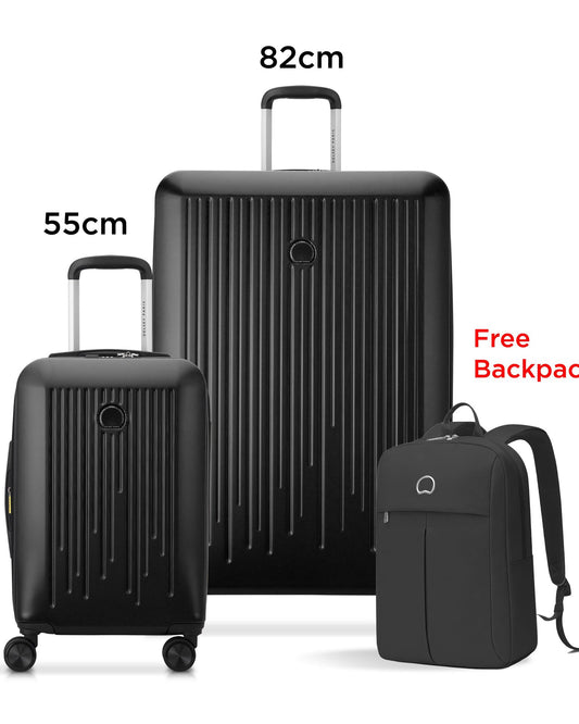 مجموعة حقائب ديلسي باريس كريستين الصلبة مقاس 55+82 سم، مزودة بأربع عجلات مزدوجة قابلة للتوسيع، مناسبة لكابينة السفر وتسجيل الوصول، لون أزرق كلاين، بالإضافة إلى حقيبة ظهر مجانية