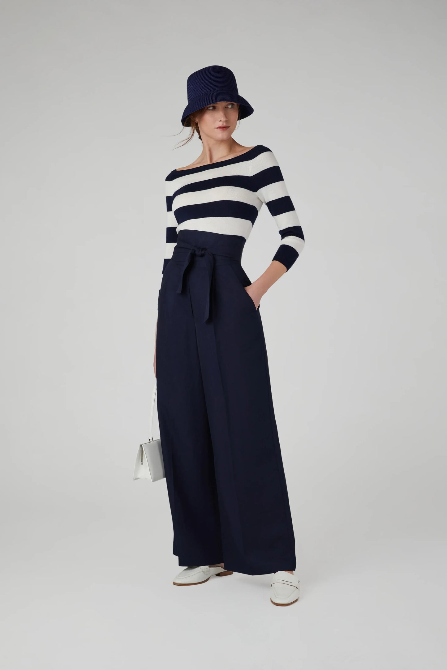 Heidi Slash Neck Knitted Jumper Merino Wool in Navy