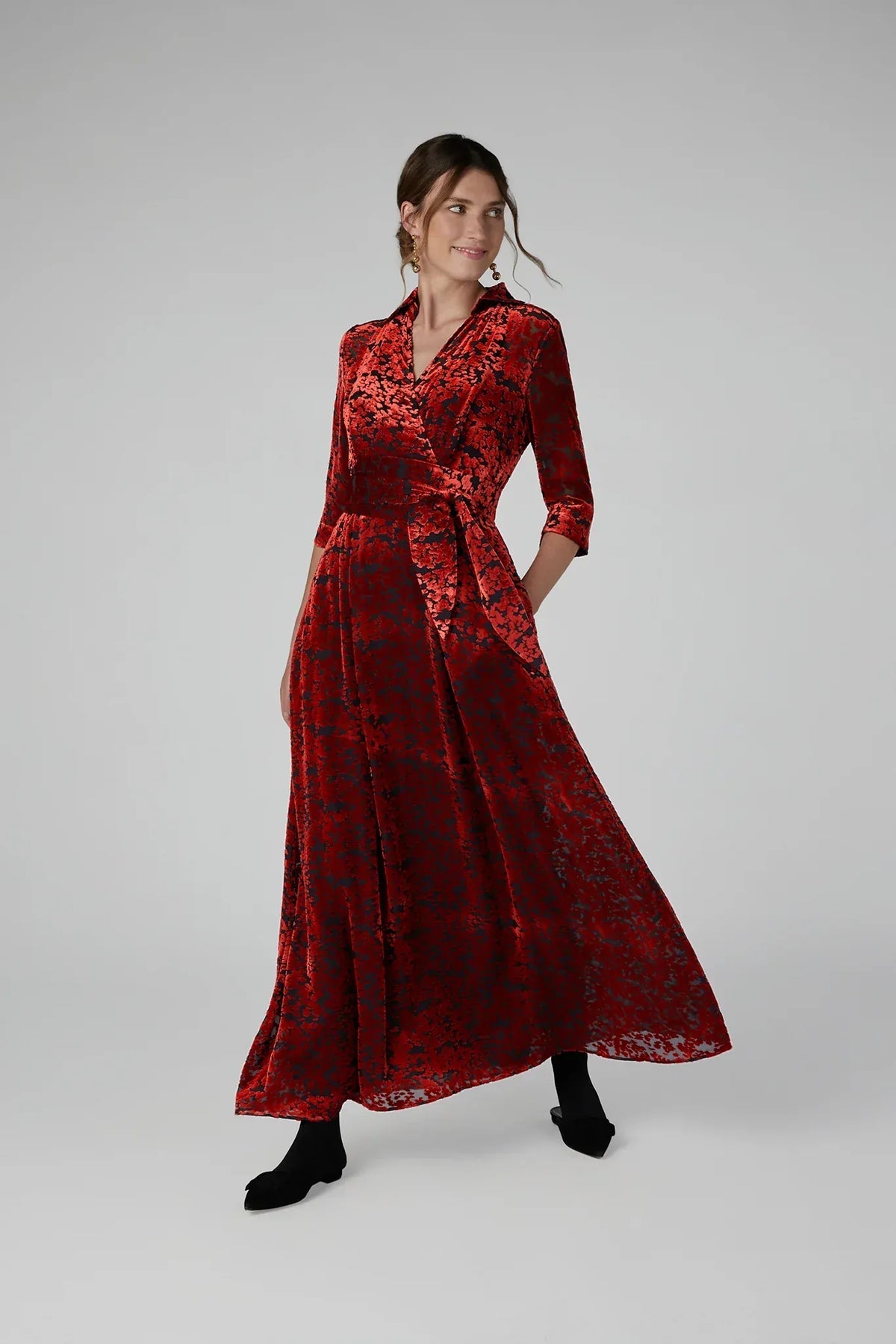Iris Velvet Devoré Wrap Dress in Red
