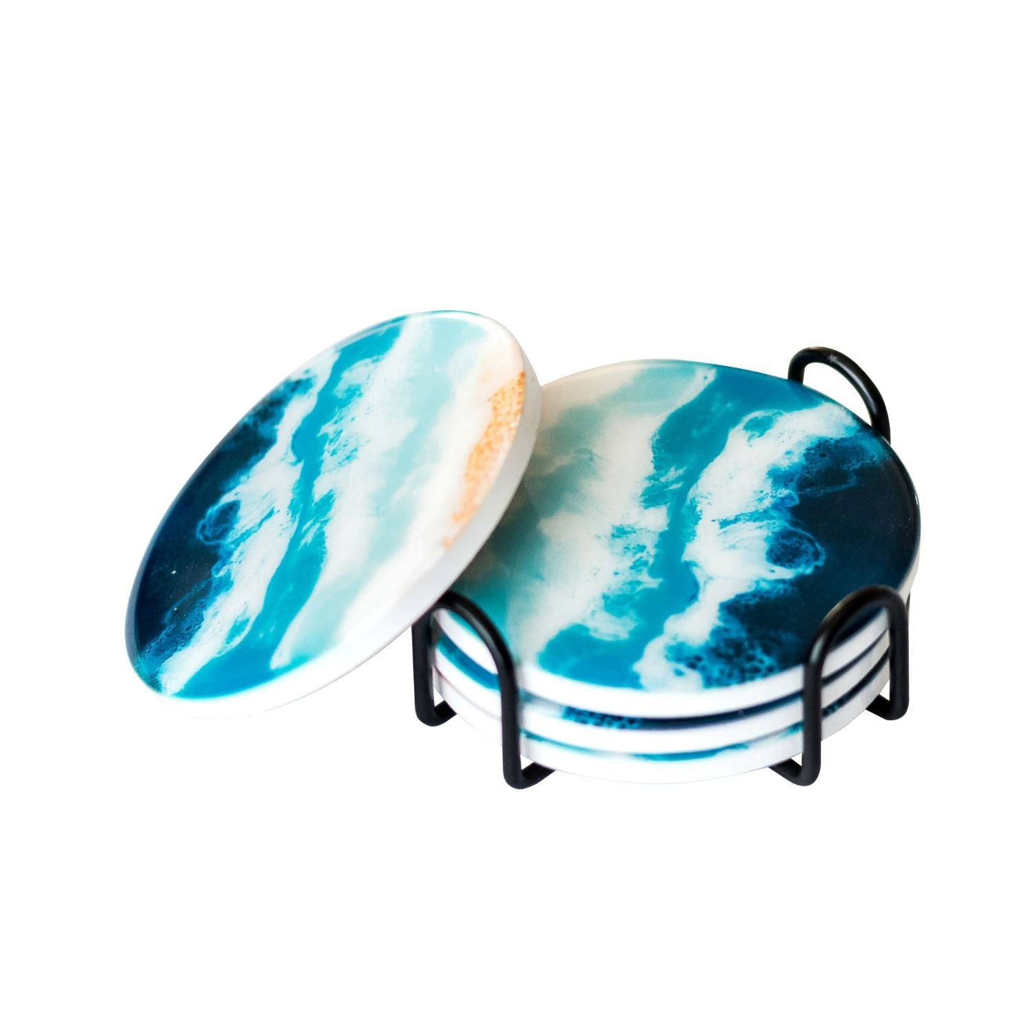 4 PIECE PRINTED CERAMIC COASTER SET WITH STAND