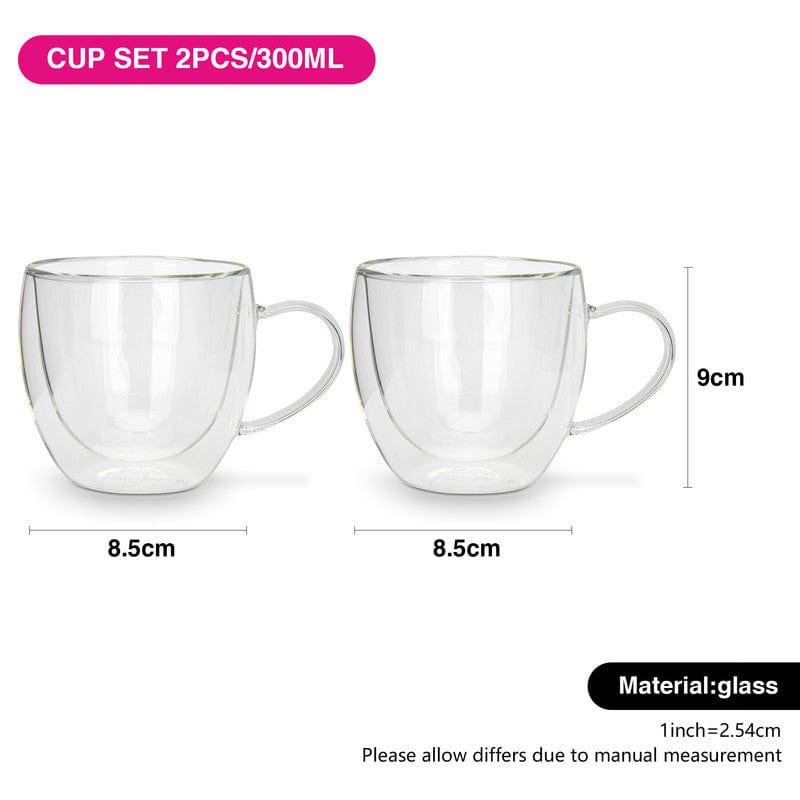 أكواب فيسمان مزدوجة الجدار من قطعتين، سعة 300 مل، مصنوعة من زجاج البورسليكات