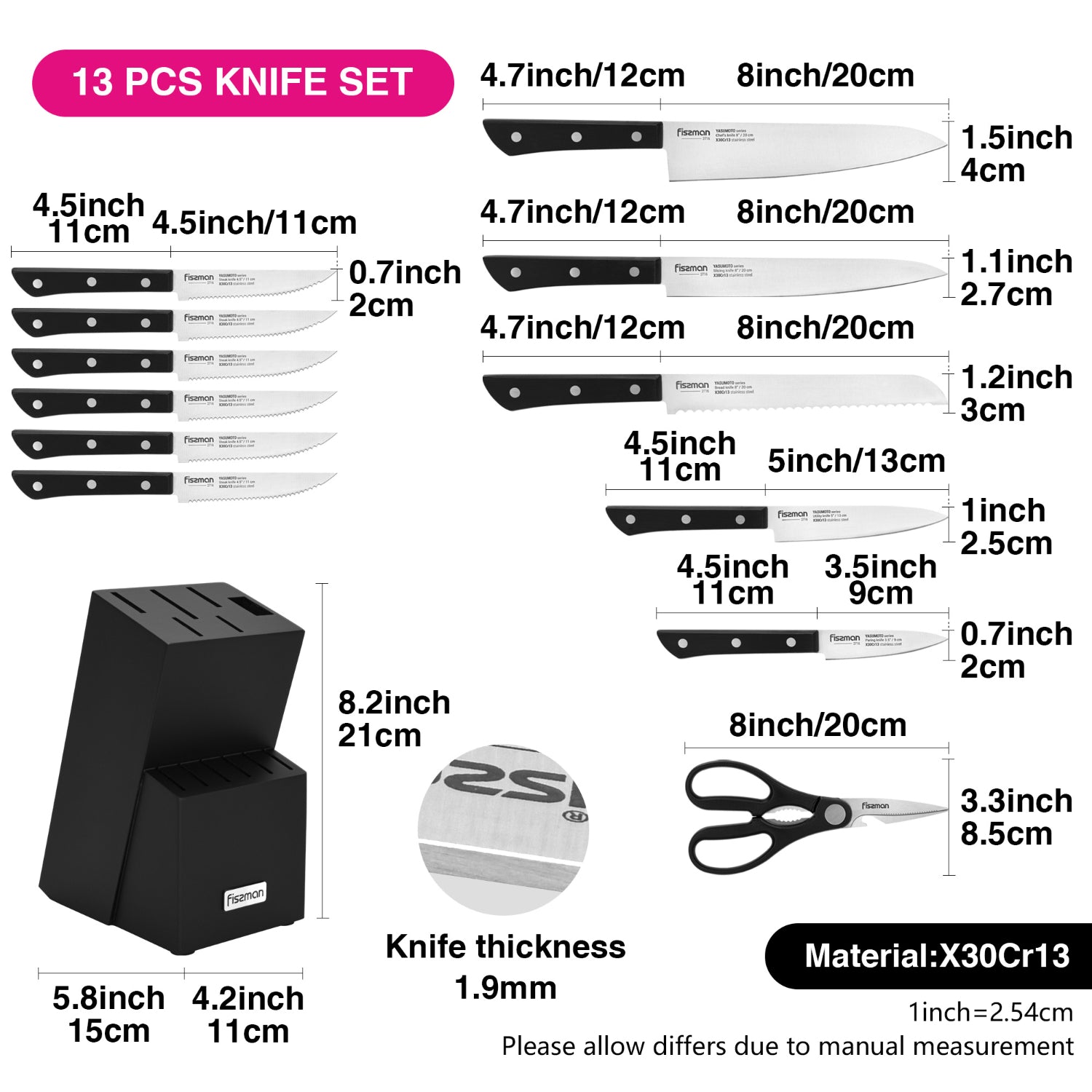 طقم سكاكين فيسمان ياسوموتو، 13 قطعة، مع سكين طاهٍ خشبي بطول 20 سم، وسكين تقطيع بطول 20 سم، وسكين خبز بطول 20 سم، وسكين متعدد الاستخدامات بطول 13 سم، وسكين تقطيع بطول 9 سم، وسكين شرائح لحم، ومقص متعدد الاستخدامات بطول 20 سم