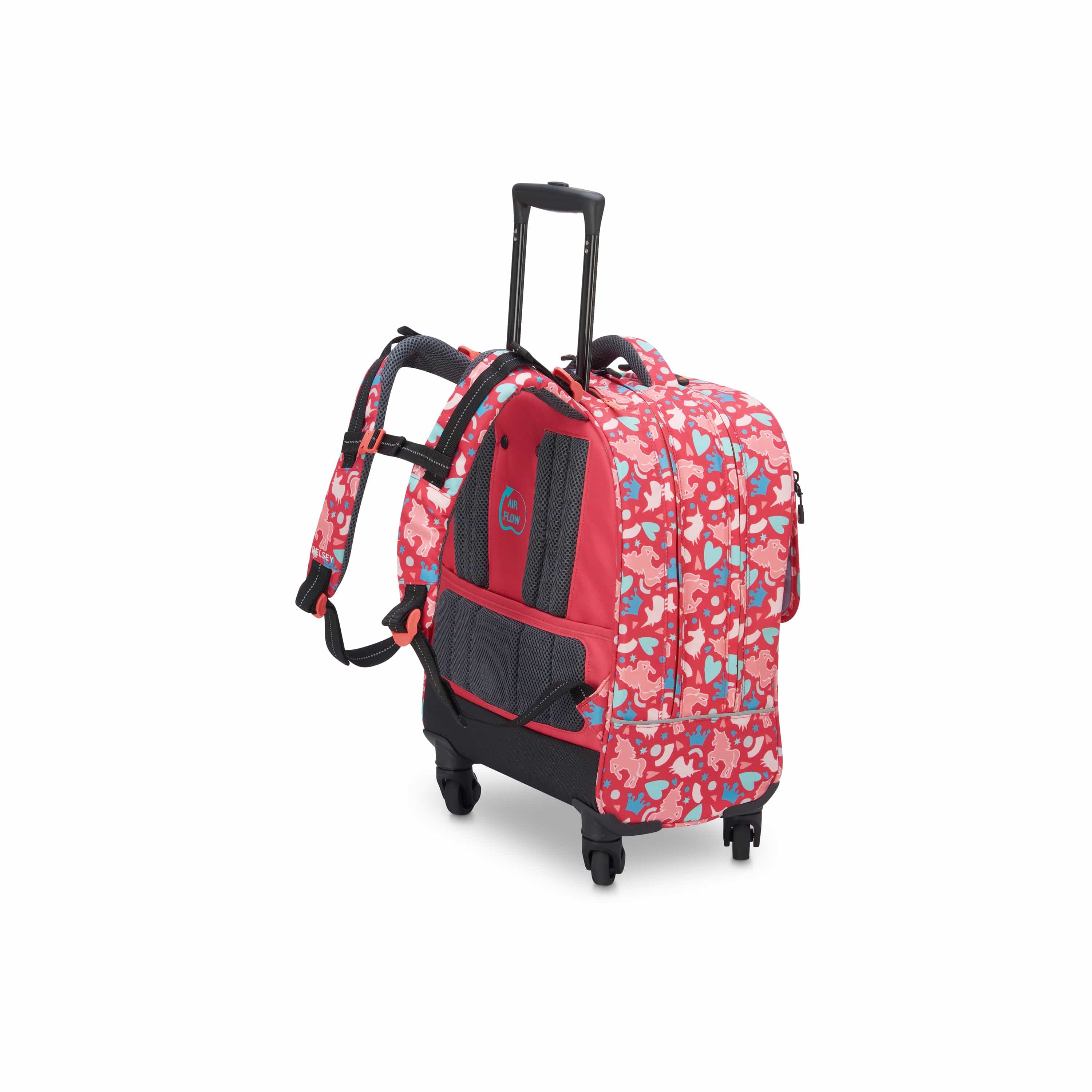 حقائب ديلسي باريس المدرسية بعجلات عمودية، موديل العودة إلى المدارس 2022، طباعة وردية