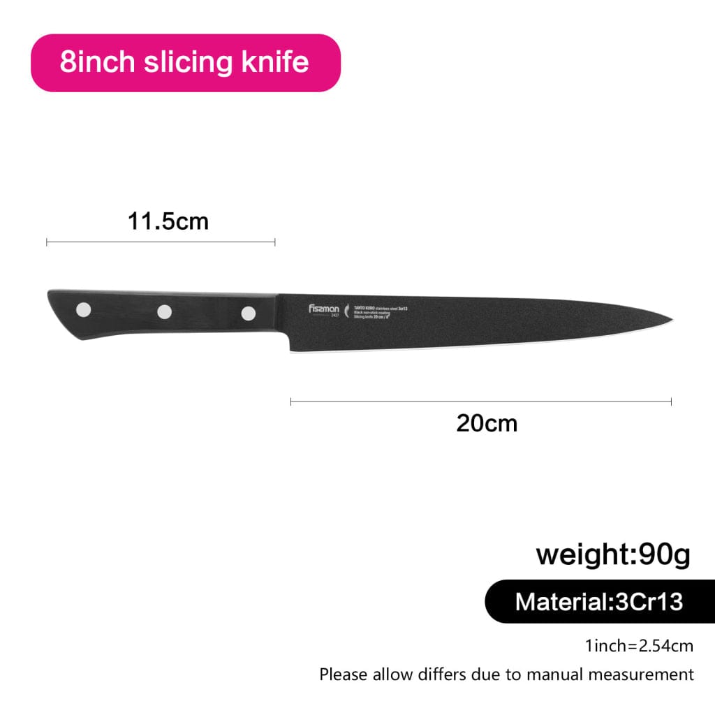 سكين تقطيع فيسمان من الفولاذ المقاوم للصدأ مع طلاء غير لاصق أسود/فضي 8 بوصة