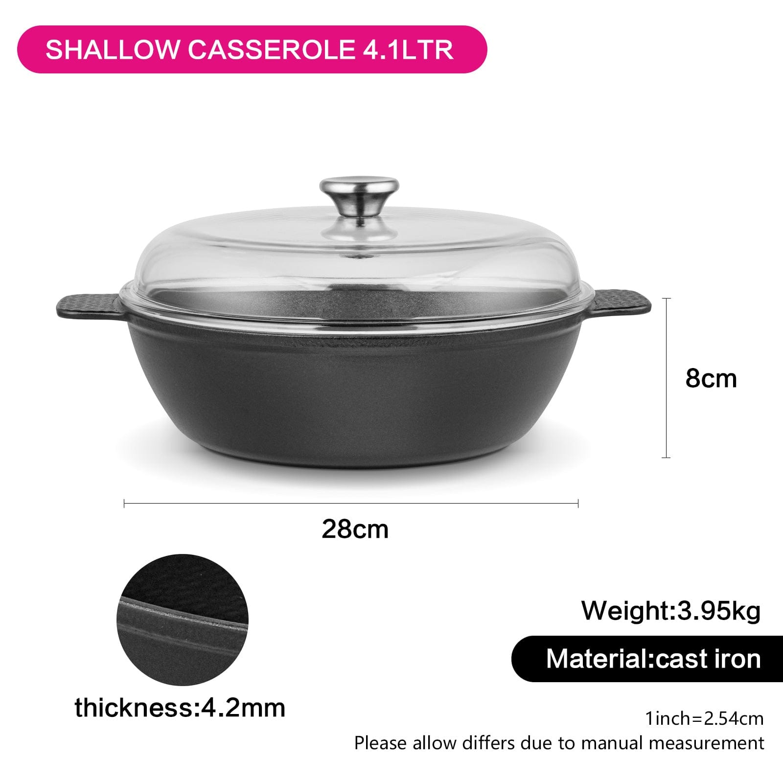 Fissman Shallow Casserole Nomada Series With Two Side Handles and Glass Lid 28 x 8cm/4.1LTR Black