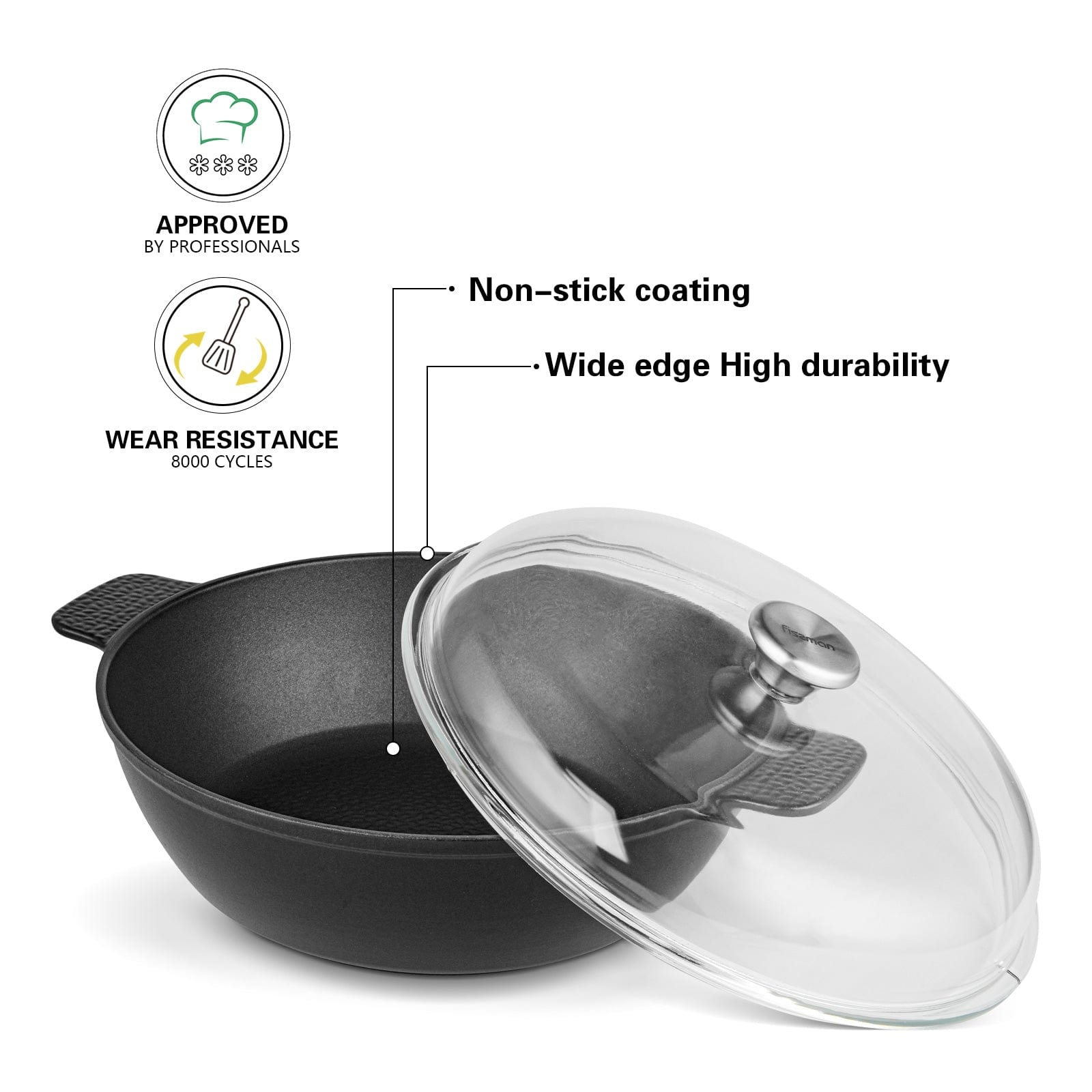 طاجن فيسمان الضحل من سلسلة نومادا بمقبضين جانبيين وغطاء زجاجي 28 × 8 سم/4.1 لتر، أسود