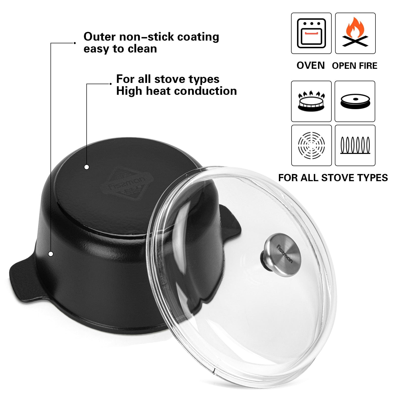 قدر فيسمان بمقابض وغطاء من سلسلة نومادا، 26×13 سم/5 لتر، أسود/شفاف