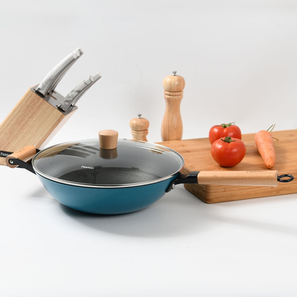 مقلاة ووك فيسمان بمقبض وغطاء زجاجي 30×8.4 سم/4 لتر، أسود/بيج/أزرق