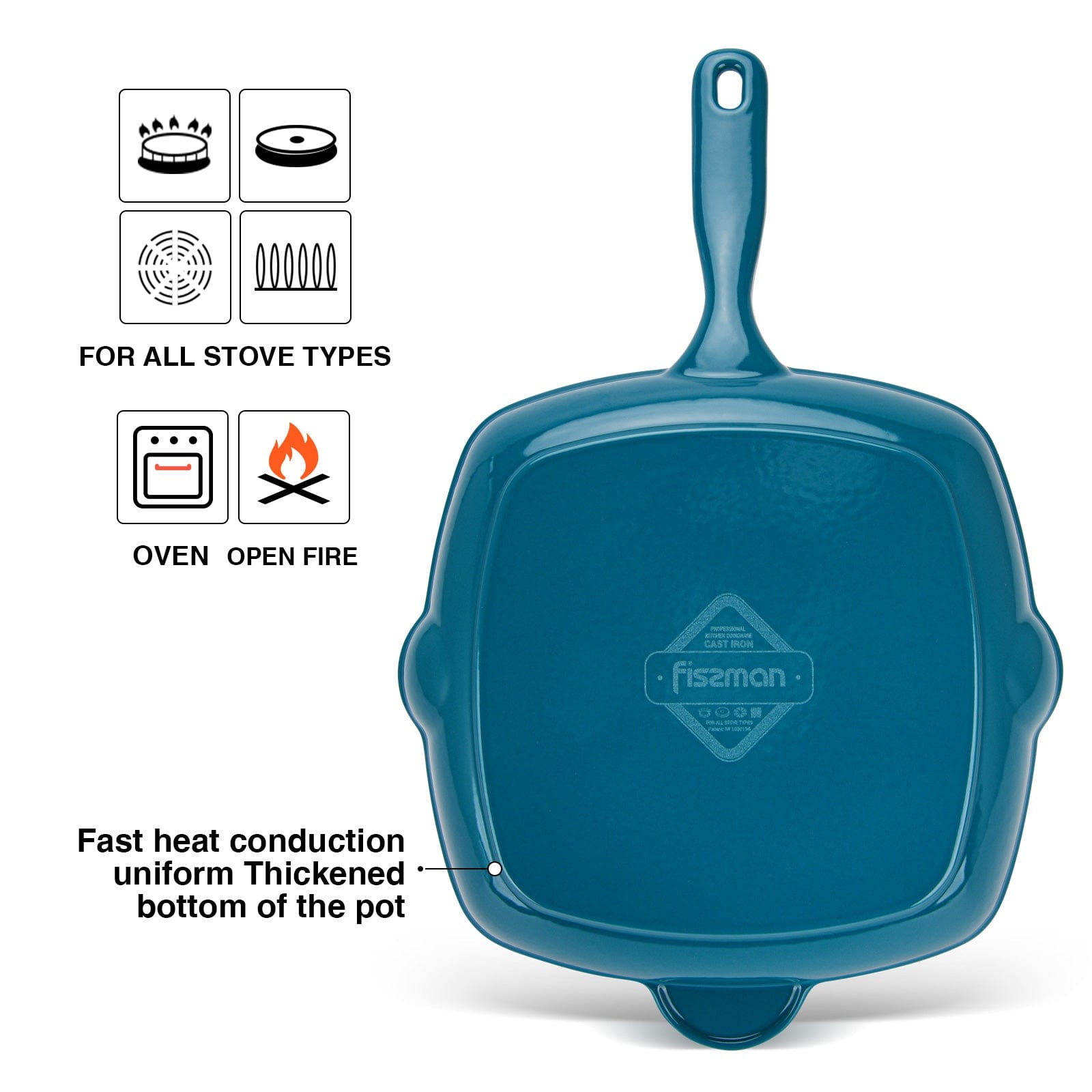 مقلاة فيسمان مربعة للشواء ٢٧×٥ سم مع مقبض مساعد (مطلية بالمينا من الحديد الزهر)