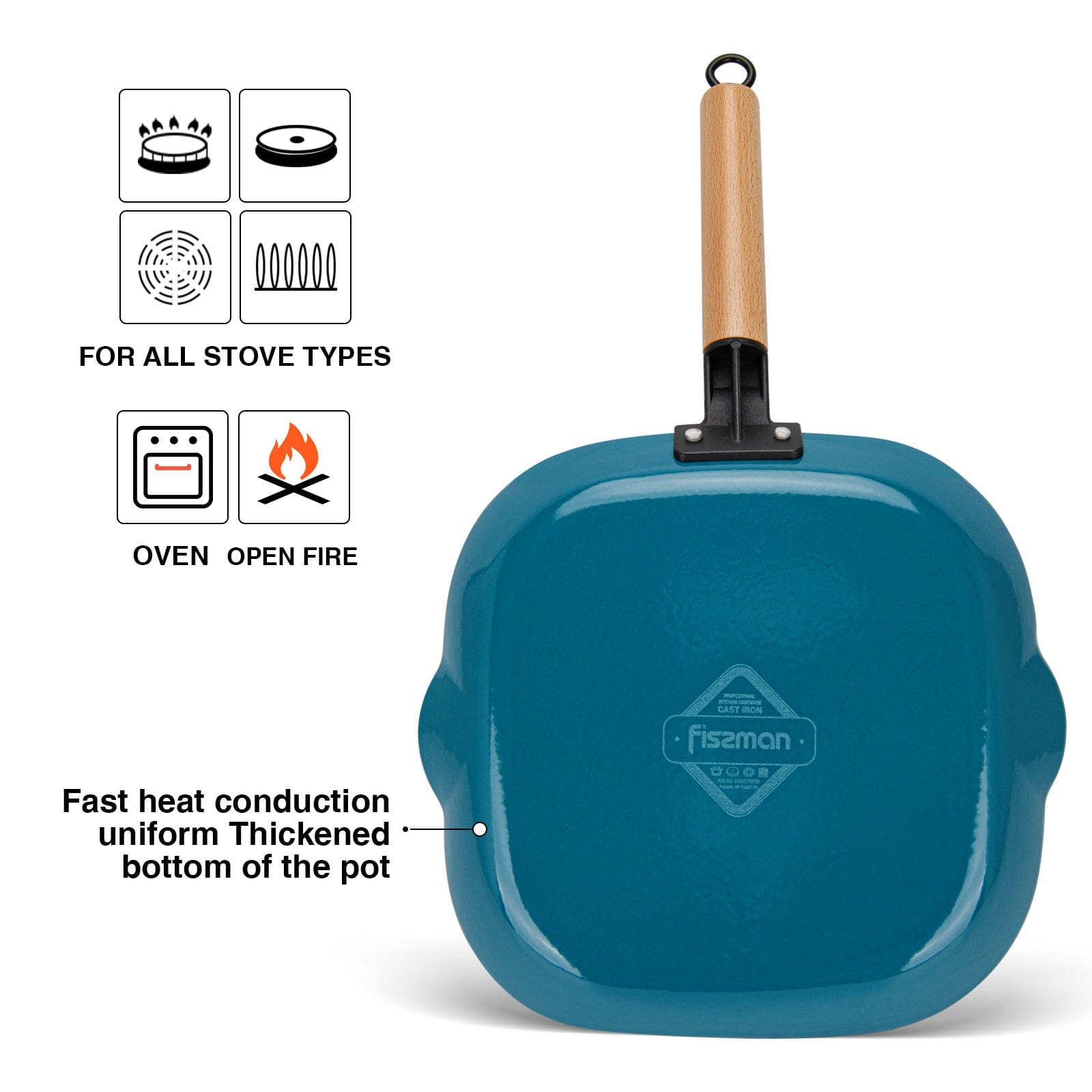 مقلاة فيسمان مربعة للشواء ٢٨×٣.٥ سم بمقبض خشبي (حديد زهر مطلي بالمينا)