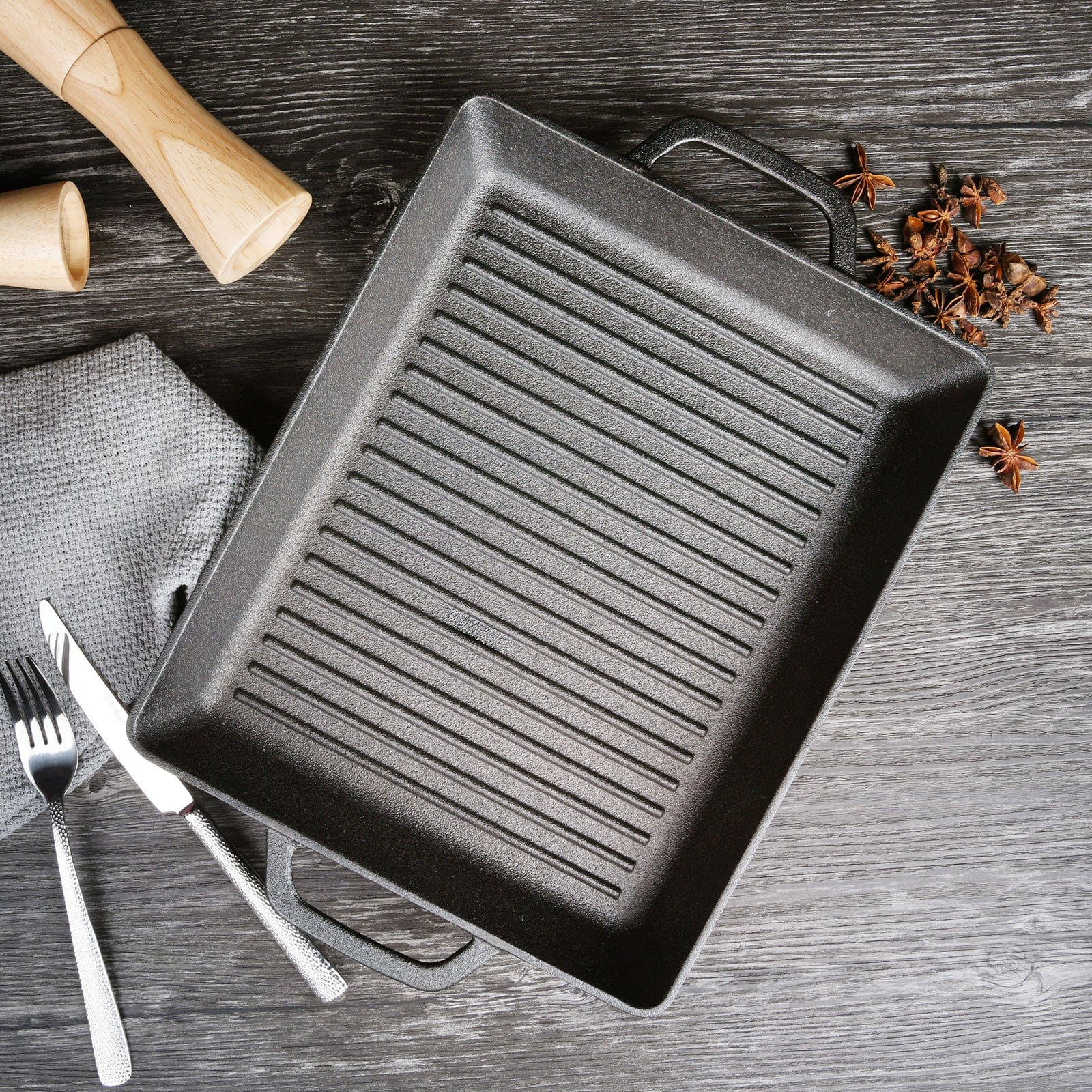 مقلاة شواء فيسمان مستطيلة الشكل من الحديد الزهر، أسود، 32.5×27×4 سم