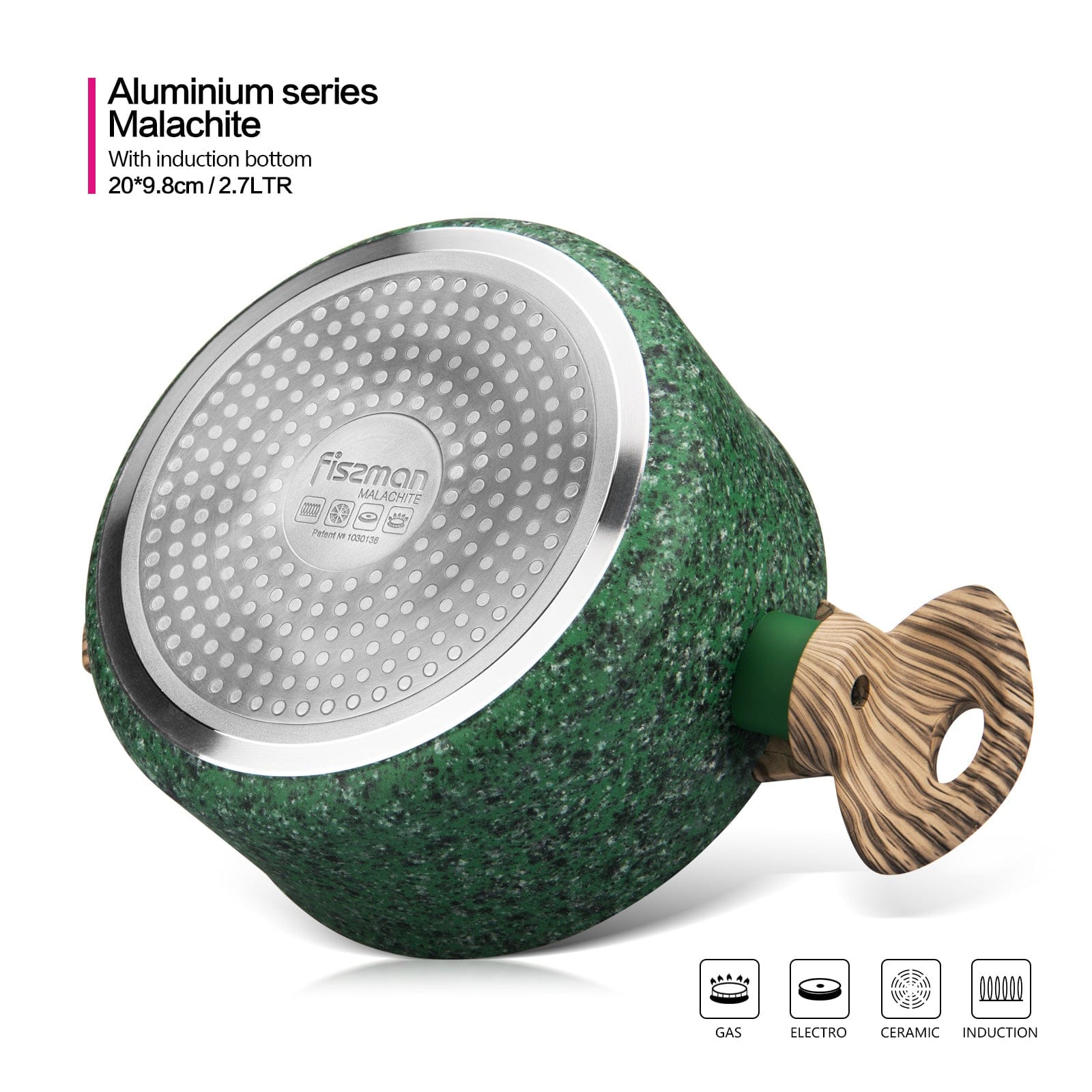 قدر فيسمان مع غطاء زجاجي وسلسلة مالاكيت وطبقة ألومنيوم غير لاصقة وقاعدة حثية من إيكستون، أخضر/بني/شفاف، 20×9.8 سم/2.7 لتر