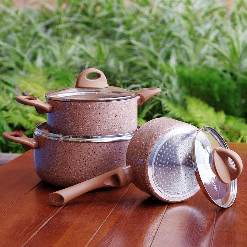 طقم أواني طهي فيسمان، 6 قطع، بغطاء زجاجي، وطبقة ألومنيوم غير لاصقة، وقاعدة حثية، وقدر لاتيه (سلسلة لاتيه)، 16×8 سم/1.5 لتر، طاجن (20×9 سم/2.8 لتر)، 24×11 سم، بيج (4.9 لتر).