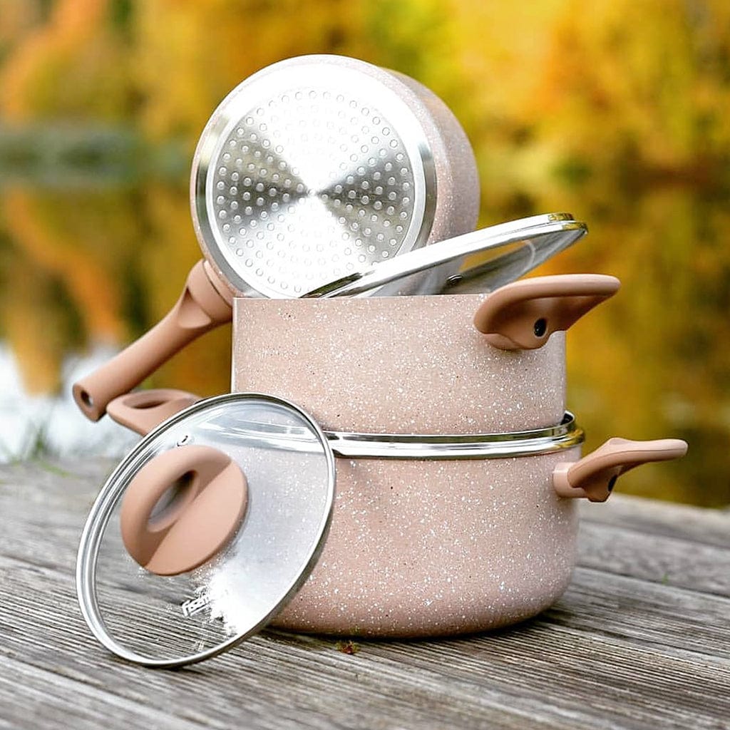 طقم أواني طهي فيسمان، 6 قطع، بغطاء زجاجي، وطبقة ألومنيوم غير لاصقة، وقاعدة حثية، وقدر لاتيه (سلسلة لاتيه)، 16×8 سم/1.5 لتر، طاجن (20×9 سم/2.8 لتر)، 24×11 سم، بيج (4.9 لتر).