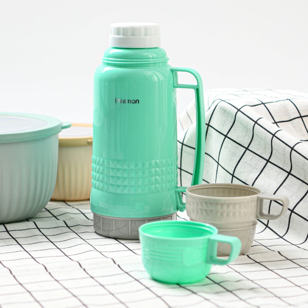 قارورة فيسمان المفرغة من الهواء مع بطانة زجاجية وحافظة بلاستيكية خضراء سعة 1000 مل