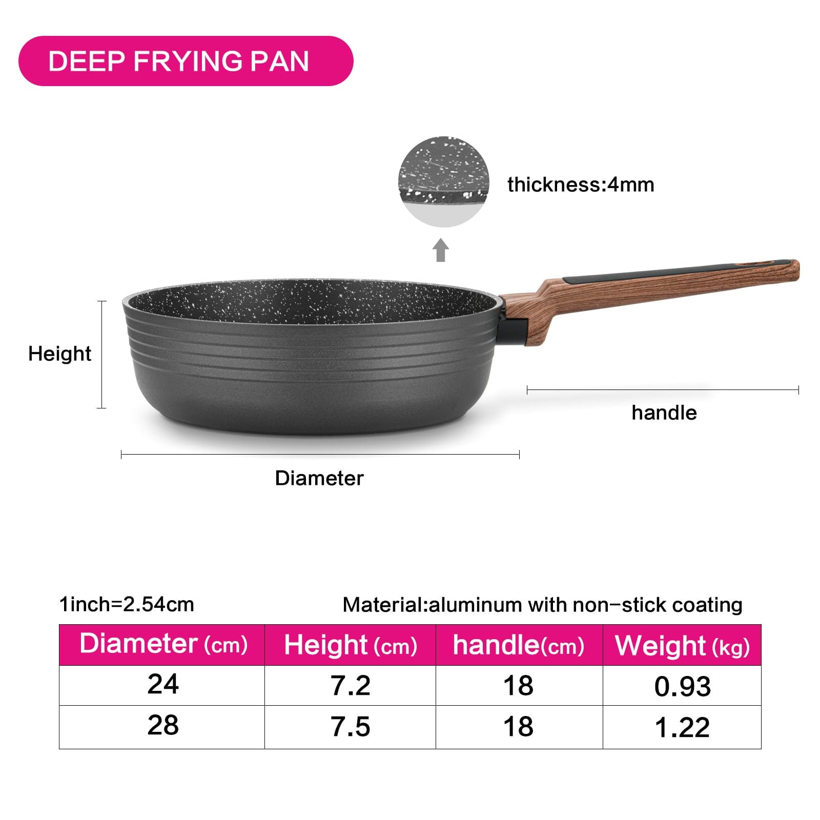 Fissman Deep Frying Pan Diamond Series Series Aluminum With Induction Bottom And Professional Non Stick Coating Greblon C3+ Black 28x7.5cm