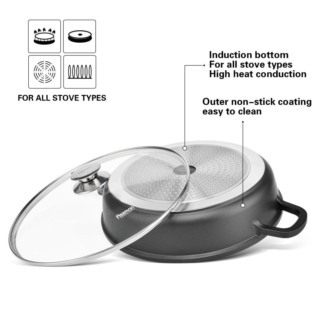 طاجن فيسمان الضحل سلسلة جريتا 28 × 8 سم / 4 لتر مع غطاء زجاجي وقاعدة حثية