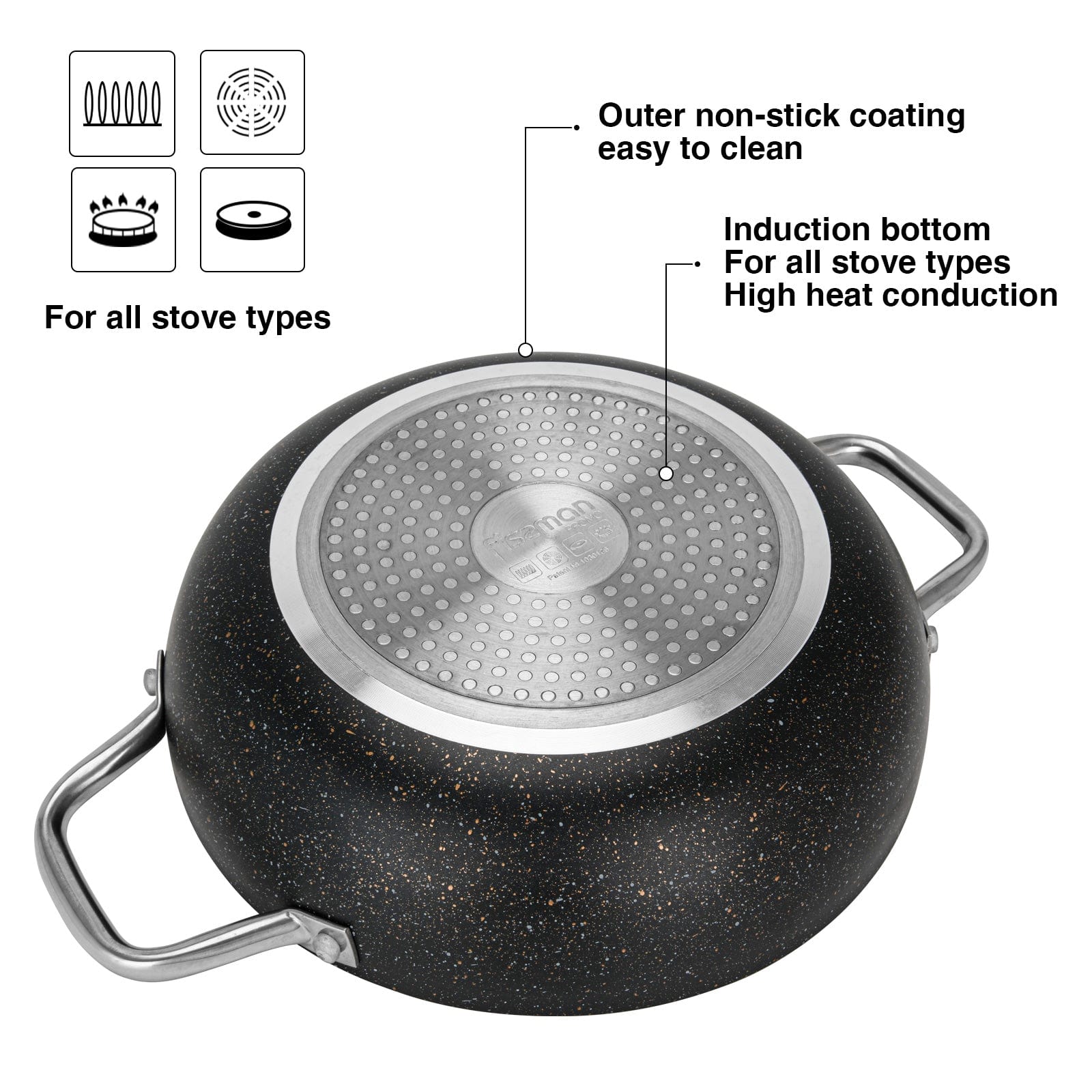 مقلاة ووك فيسمان برومو سيريز مع طلاء ألومنيوم غير لاصق 26×7.8 سم/3.3 لتر، لون أسود