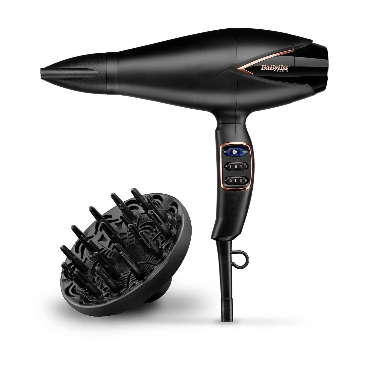 BABYLISS DIGITAL DRYER 2200W BLACK BRONZE SUPER IONIC DIFFUSER  FRIZZ CONTROL 3 HEAT 2 SPEED COOL SHOT TITANIUM CERAMIC SLIM NOZZLE - D665SDE